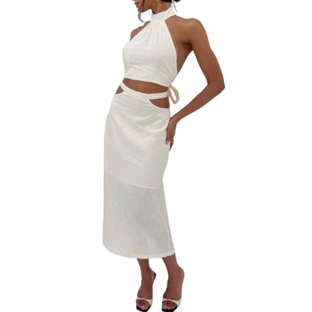 WeWoreWhat Cream Linen Blend Cutout Tie Waist Midi Skirt Minimalist Coastal